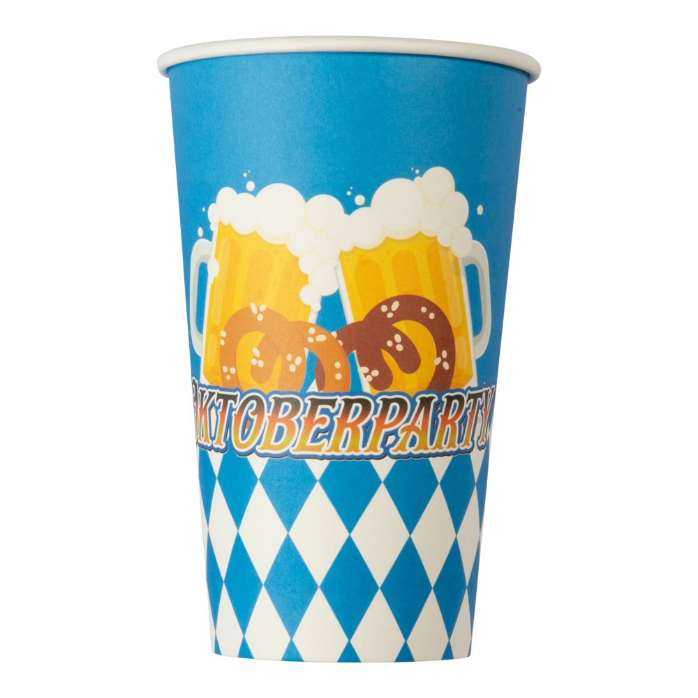 Pappersmugg Oktoberfest 473 ml med blåvitt bayerskt mönster och ölmotiv.