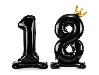 Sifferballong "18" med krona | Stående | 84 cm | Svart
