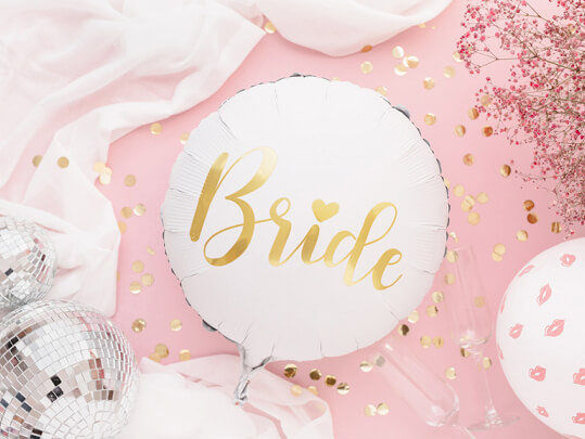 Folieballong "Bride" - Vit ballong med text i guld
