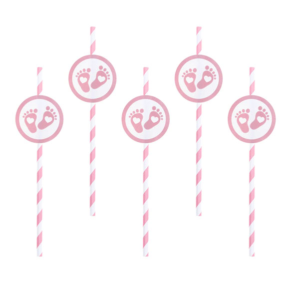 Sugrör med bebisfötter | 6-pack | Baby Shower | Rosa