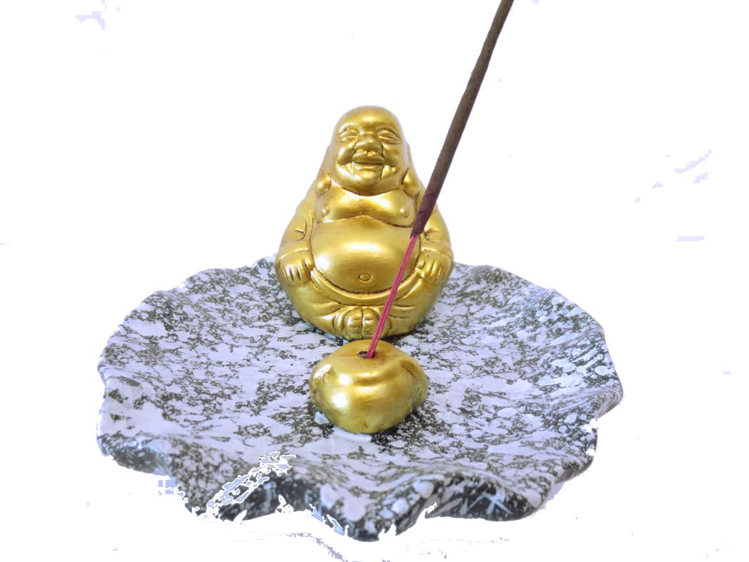 Guld Glad Buddha Rökelsebrännare i Keramik -  Svart / Blå bas