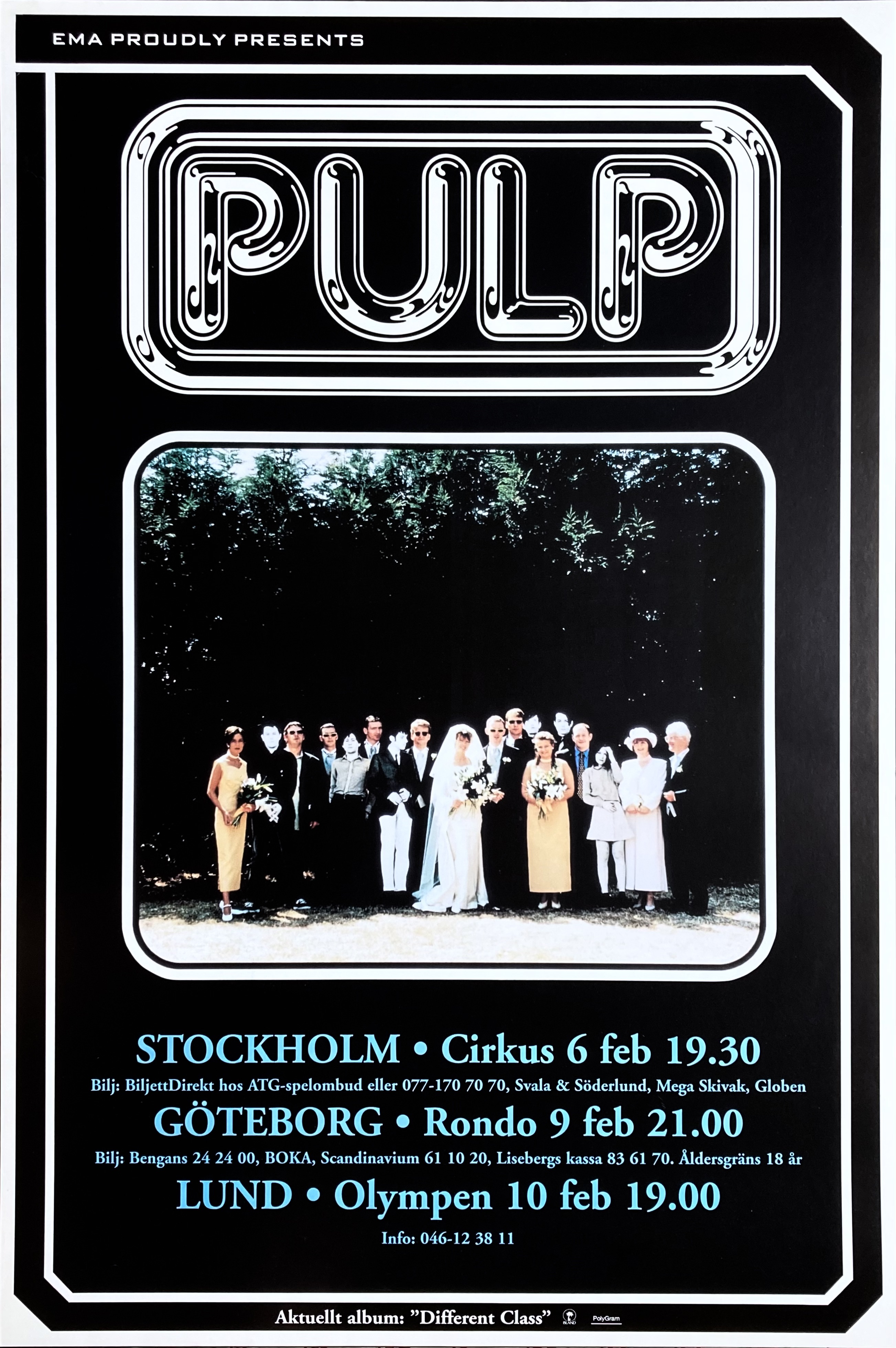 PULP - Stockholm, Göteborg, Lund 6+9+10 Feb Konsertaffisch (1996)