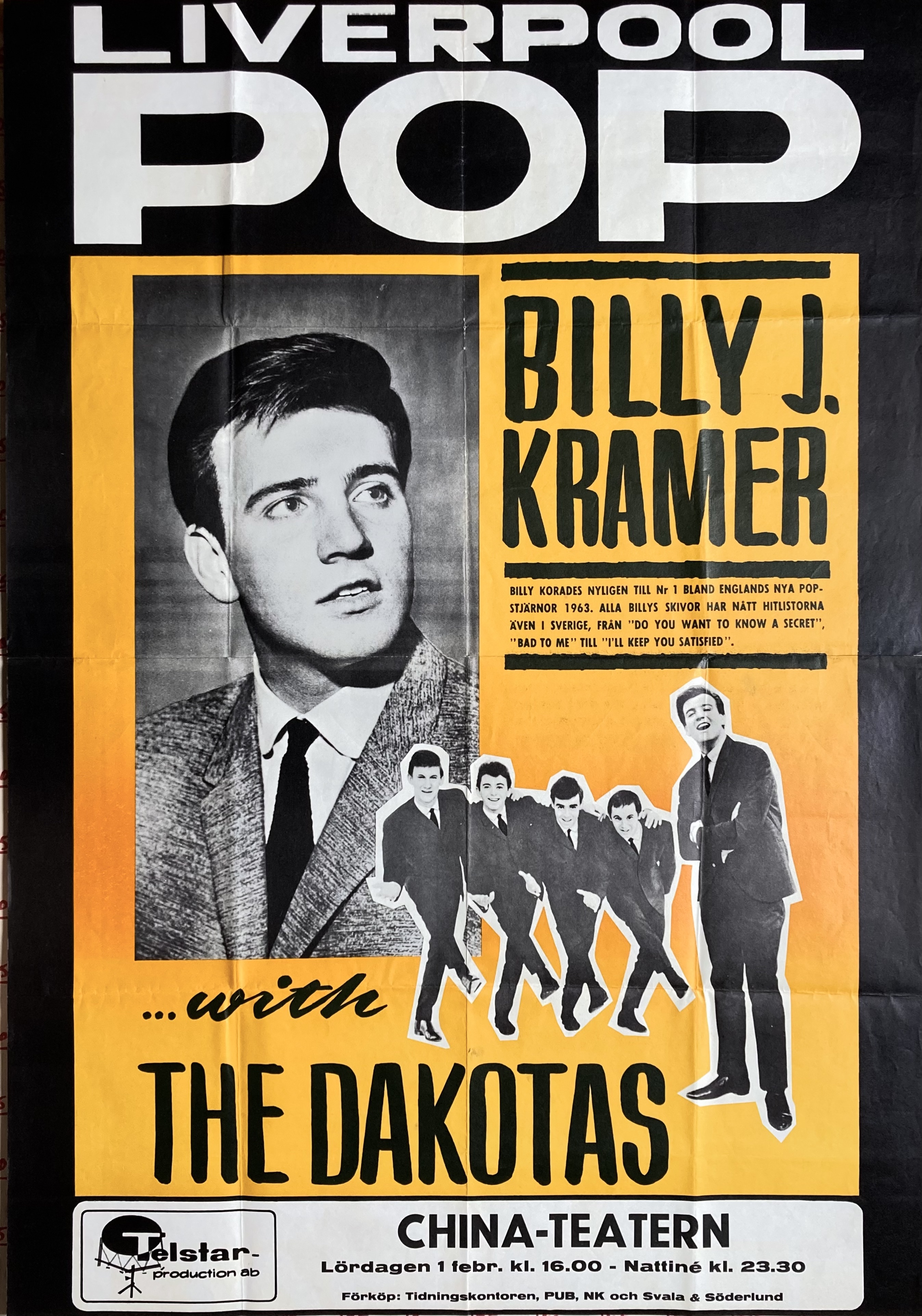 BILLY J. KRAMER - Stockholm 1 Feb Konsertaffisch (1964)