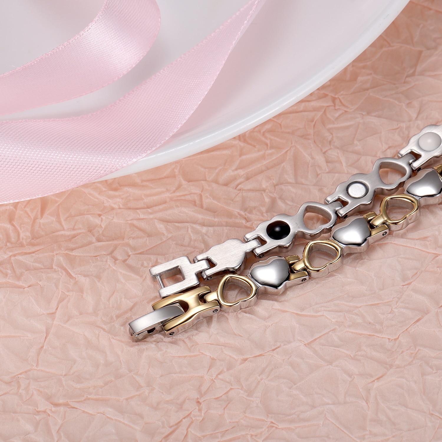 Magnetarmband "Hearts" i rostfritt stål med 18K Guldpläterade detaljer - 3