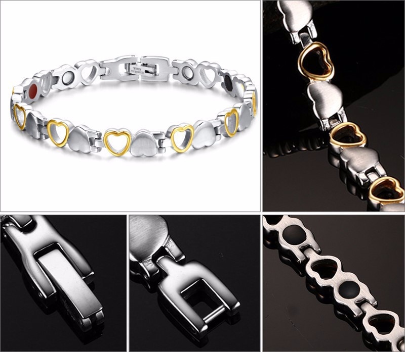 Magnetarmband "Hearts" i rostfritt stål med 18K Guldpläterade detaljer - 2