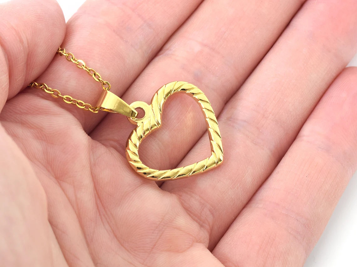 Hjärta Halsband i Rostfritt Stål Guld, Kärlek Hänge, Hjärtan Accessoar, Rephjärta Smycke - 3