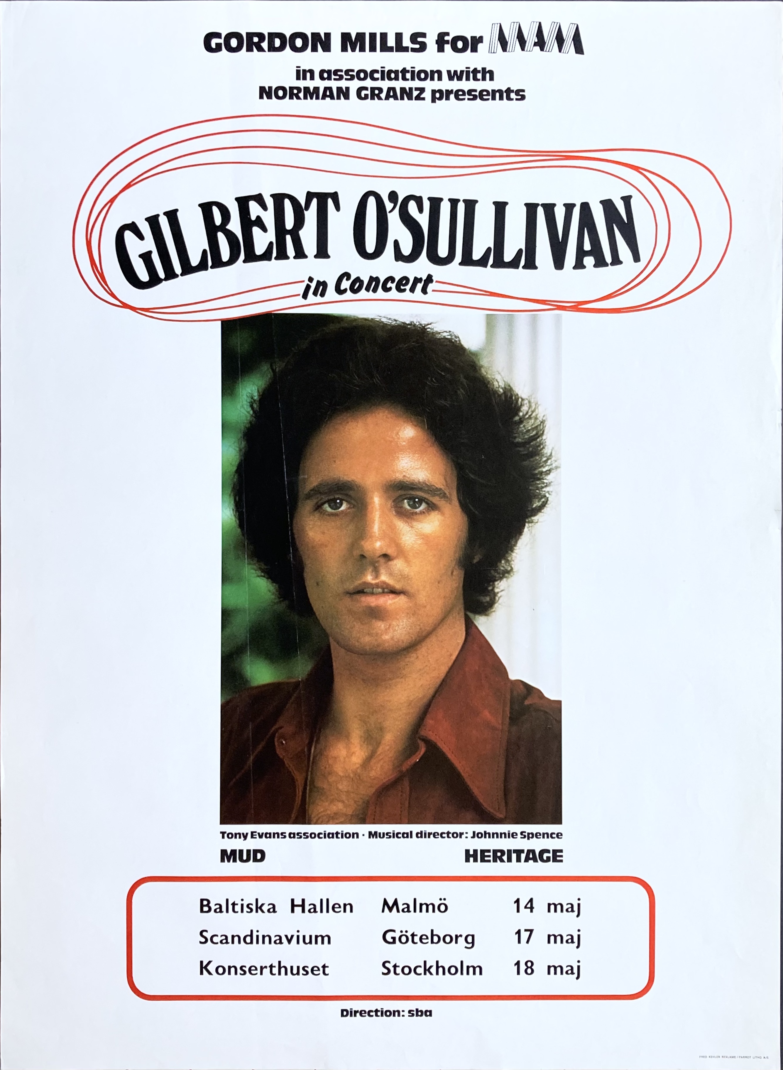 GILBERT O'SULLIVAN - Malmö + Göteborg + Stockholm  konsertaffisch (1973)