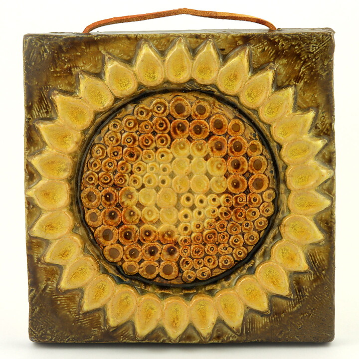 Willi Fischer (1960s) Quadratic Wall Plaque with Sunflower Relief 19 cm