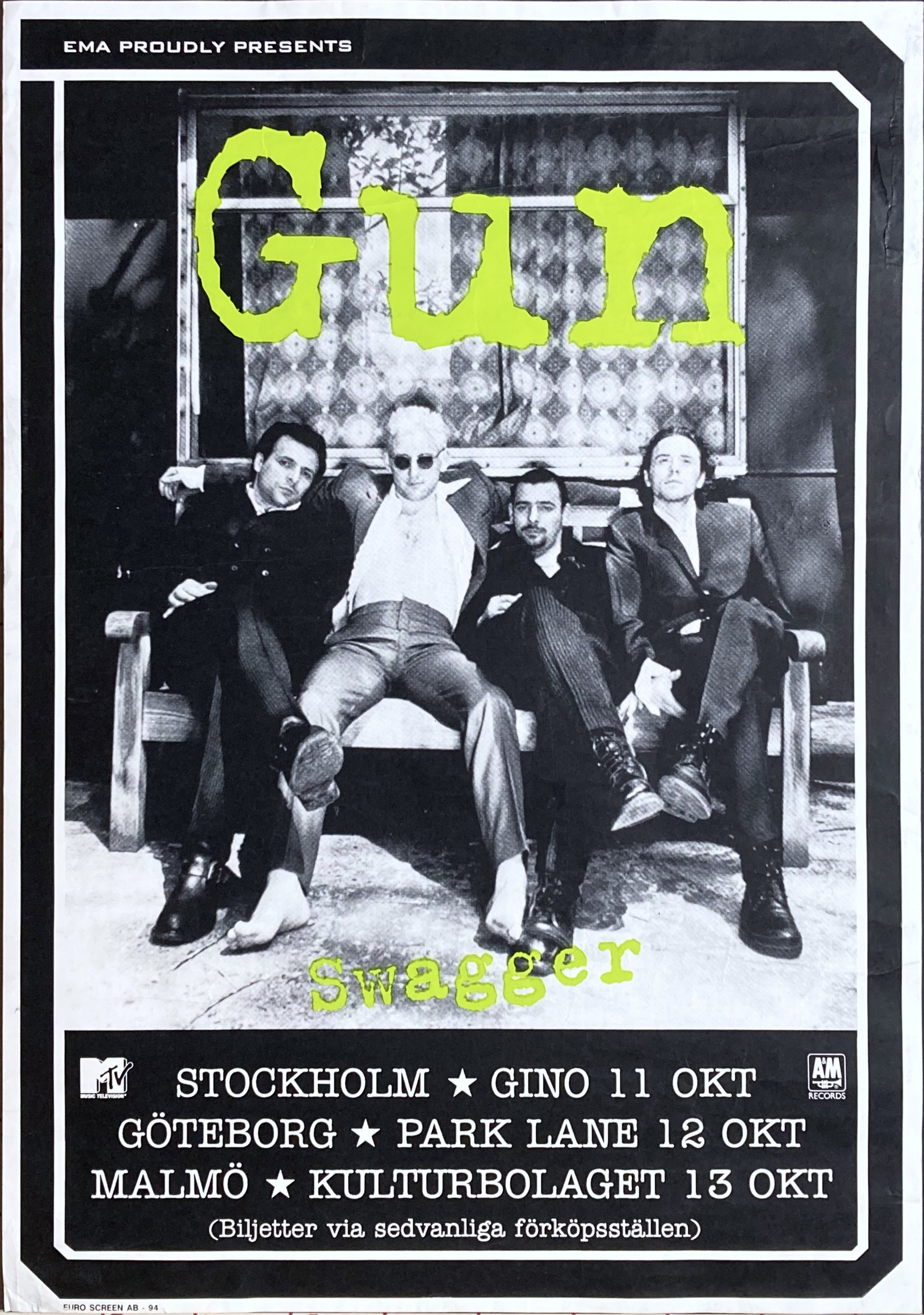 GUN - Stockholm, Gothenburg, Malmö 11-13 Okt Concert poster (1994)