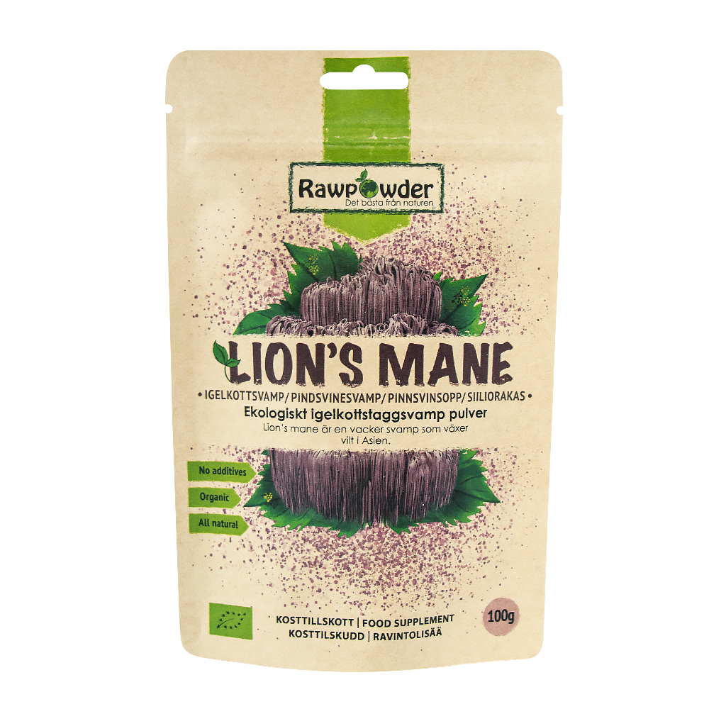 En brun stående påse med en lila bild och lila text som säger Lions Mane