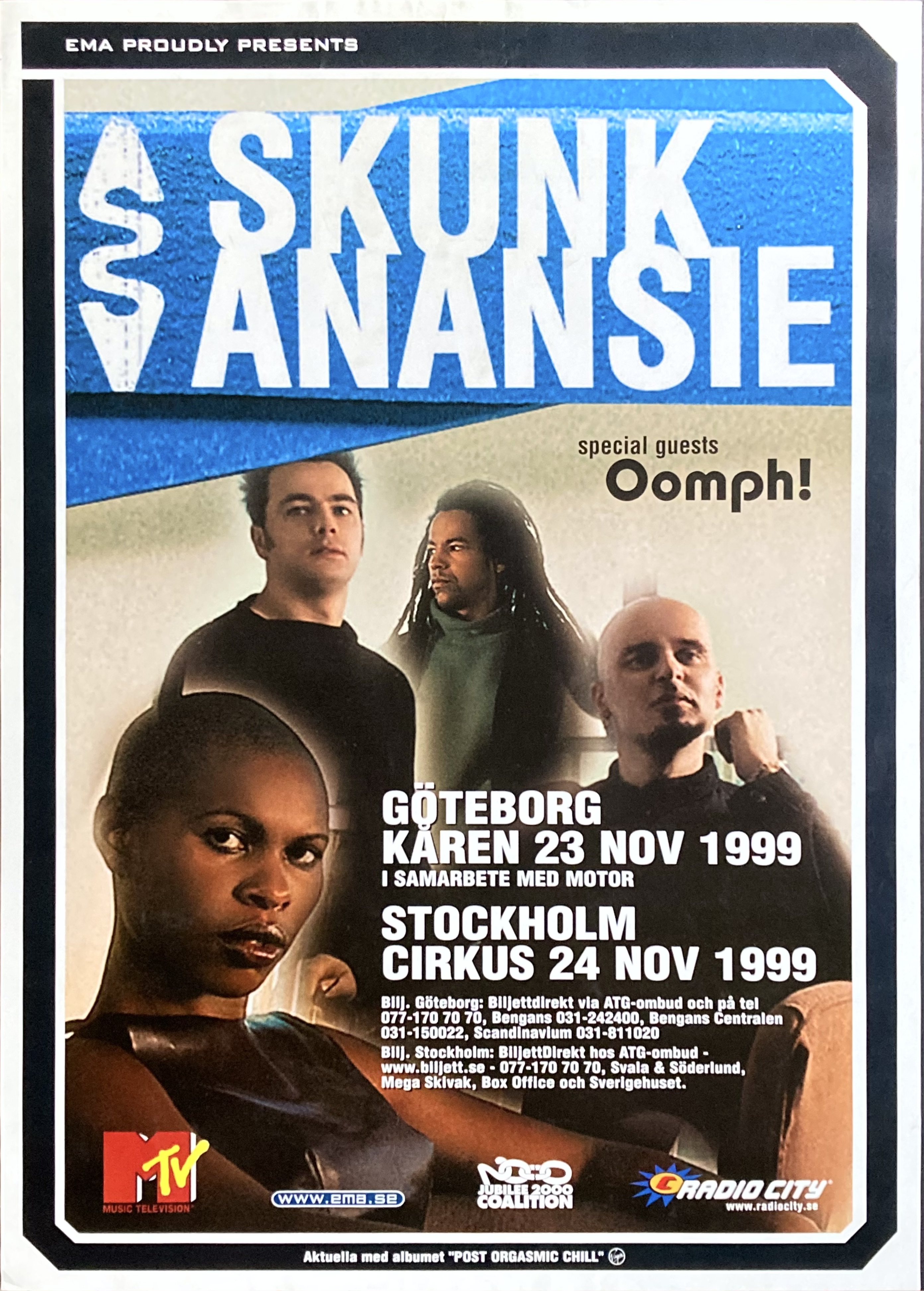 SKUNK ANANSIE - Gothenburg + Stockholm 23-24 Nov Concert poster (1999)