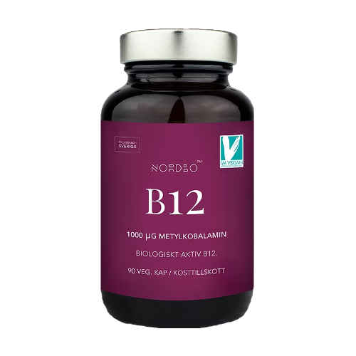 Vitamin B12 metylkobalamin 1000 mikrogram från Nordbo i glasburk om 90 kapslar
