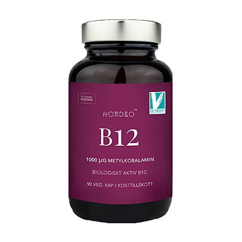 Vitamin B12 metylkobalamin 1000 mikrogram från Nordbo i glasburk om 90 kapslar