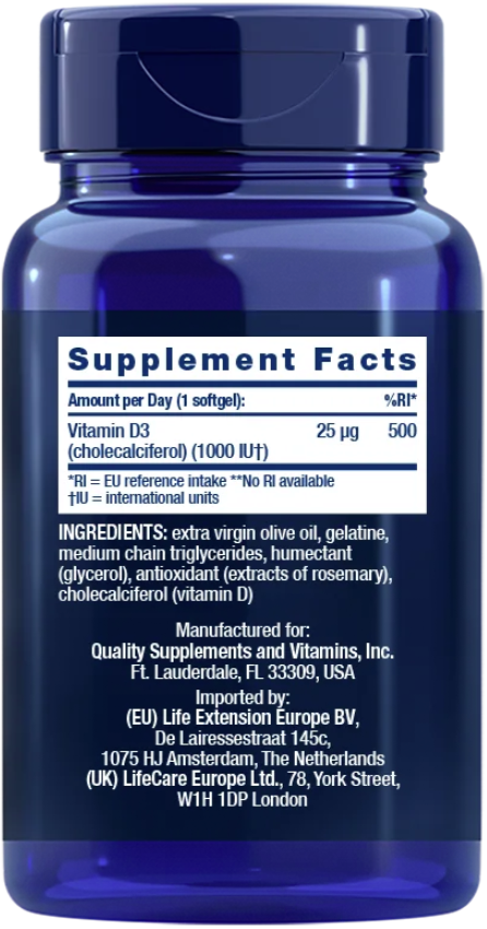 Life Extension Vitamin D3 1000 IE – Högkvalitativt D-vitamin (90 kap) - 2