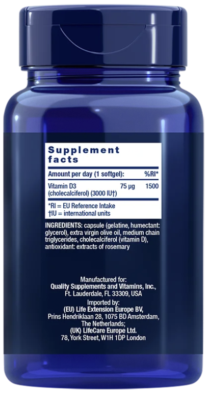 Life Extension Vitamin D3 3000 IE – Högdos D-vitamin (120 kap) - 2