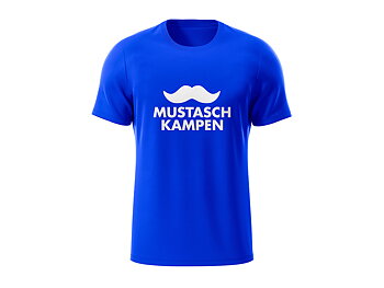 Blå t-shirt med vit Mustaschkampen-logga