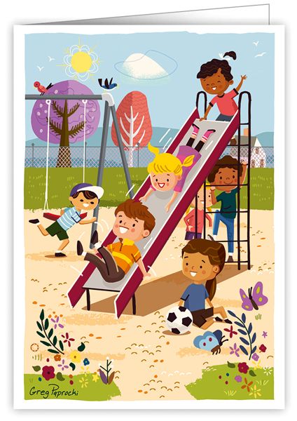 Children rides the slide, Greeting Card