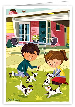 Puppies Playing in the Yard, Greeting Card