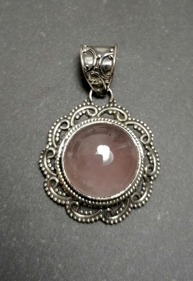 Rosenkvarts Sterling silver filigran cabochon hänge   -  Blomma