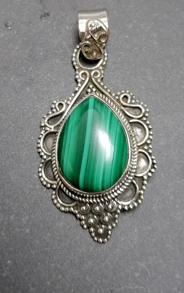 Malakit Sterling silver filigran cabochon hänge   - Dekorativ  Droppe