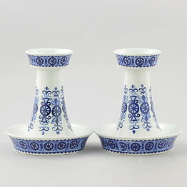 Raija Uosikkinen (Antica 1960s) Two Candleholders with Blue Geometric Pattern 13 cm
