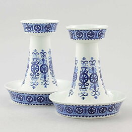 Raija Uosikkinen (Antica 1960s) Two Candleholders with Blue Geometric Pattern 13 cm