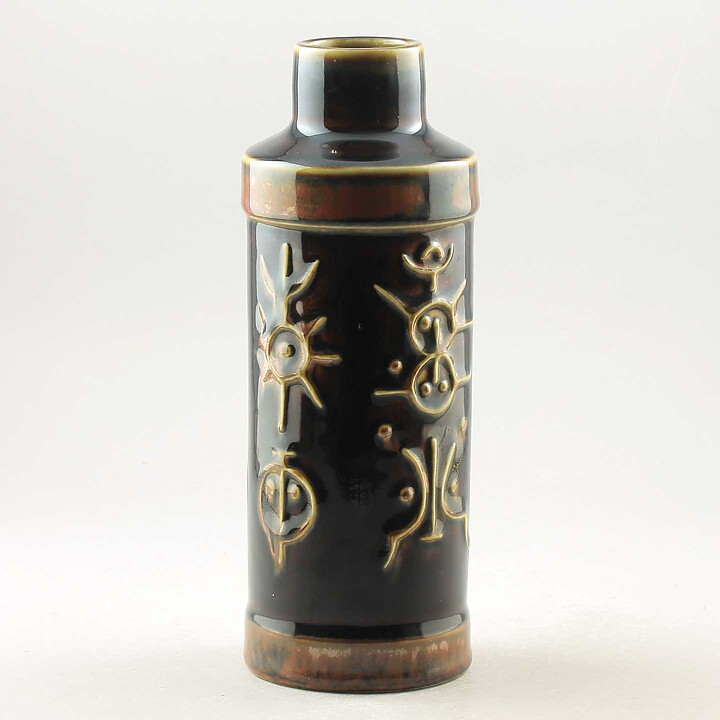 Carl-Harry Stålhane (Fibula 1969) Brown Vase with Abstract Relief Decor 22 cm