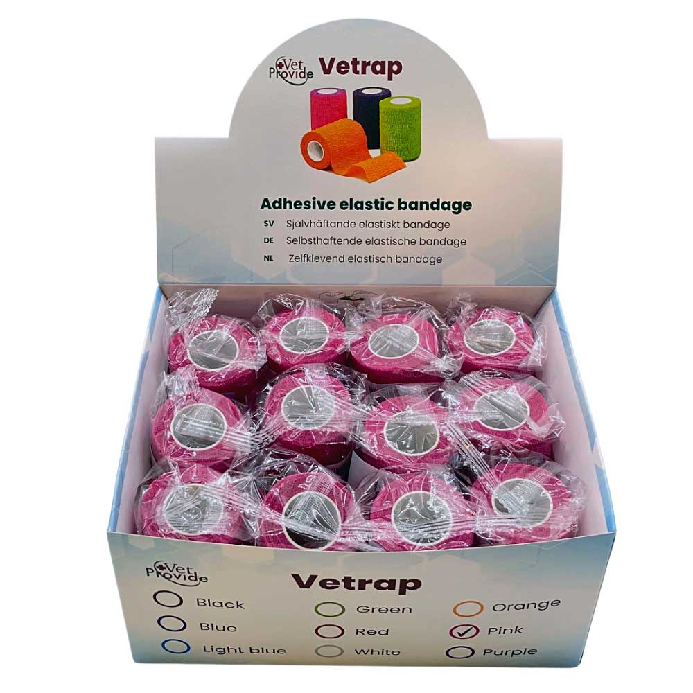 VetProvide Vetrap selbsthaftende Bandagen Großpackung mit rosa Rollen.