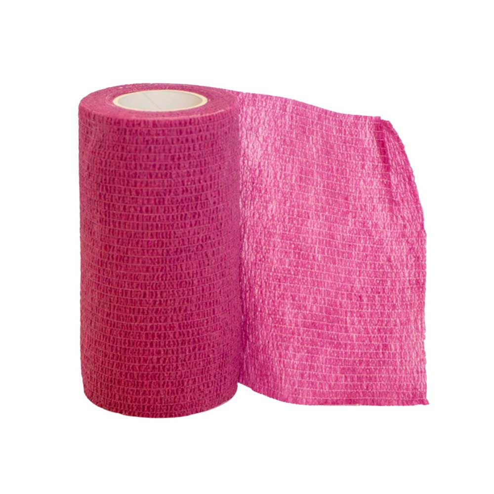 Teilweise ausgerollte rosa Vetrap kohäsive Bandage mit Gewebestruktur.