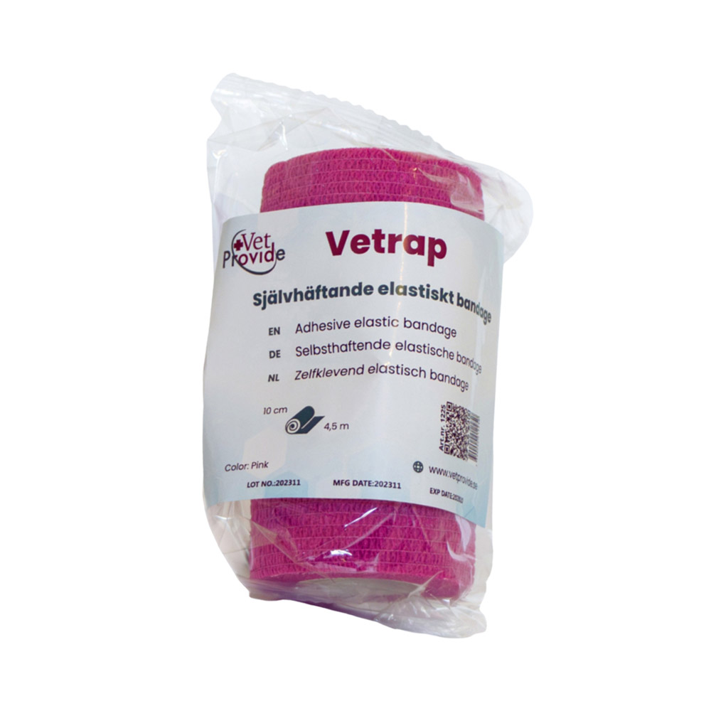 Rosa Vetrap elastische Bandage 10cm x 4,5m in Verpackung von VetProvide.