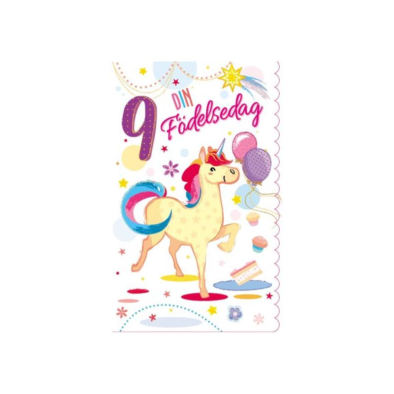 Gratulationskort 9 år med Enhörning - Spader