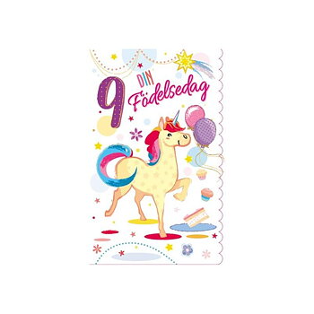 Gratulationskort 9 år med Enhörning - Spader