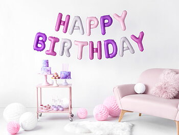 Ballonggirlang "Happy Birthday" | Rosa och lila mix - 1