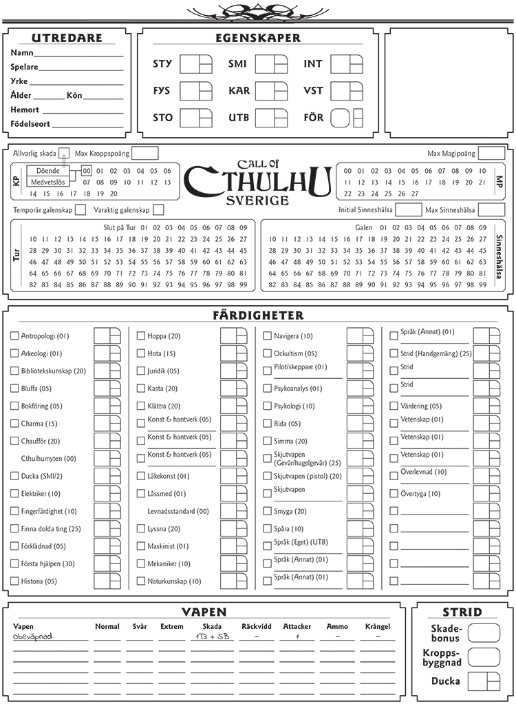 Call of Cthulhu Sverige. Rollformulärsblock
