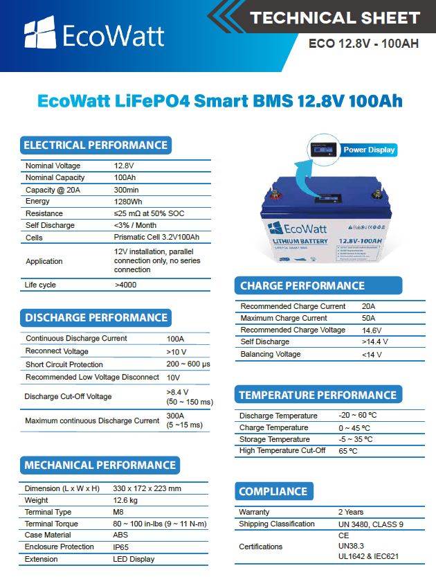 LiFePO4 Batteri 12 Volt 100 Ah , Lifepo4 , BMS , LCD Display , Prisvärt Bodelsbatteri - 3