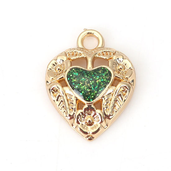 Charm ,  Enameld  gold flower, Green glitter