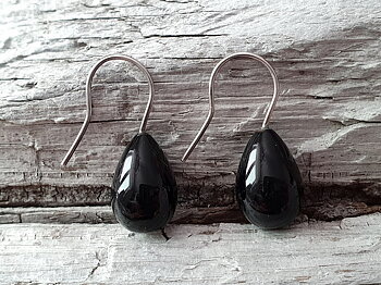 Svart onyx släta droppar 10x15mm, örhängen på fast krok 925-silver