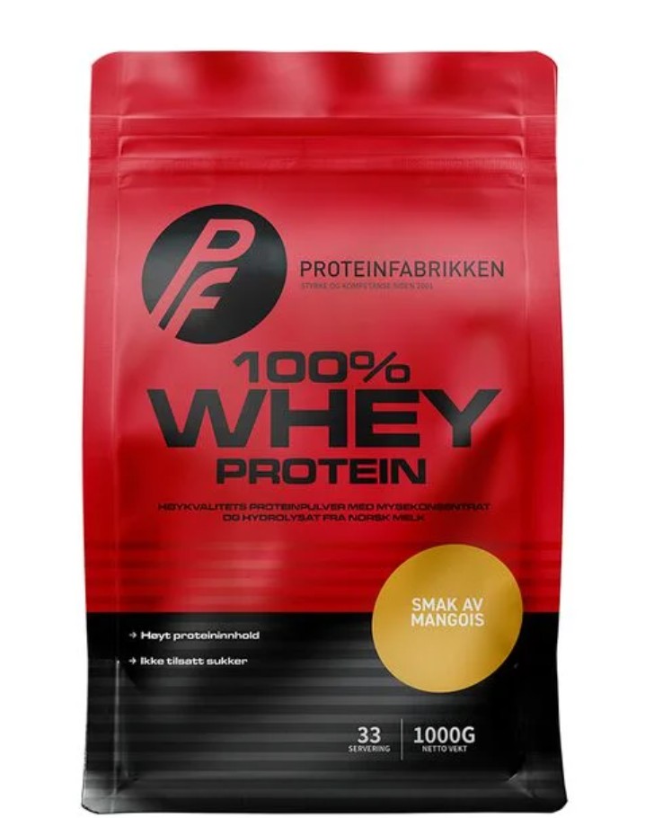 100% Whey protein från norska Proteinfabrikken med smak av mango, ett högkvalitativt vassleprotein för muskeluppbyggnad och snabb upptagning."