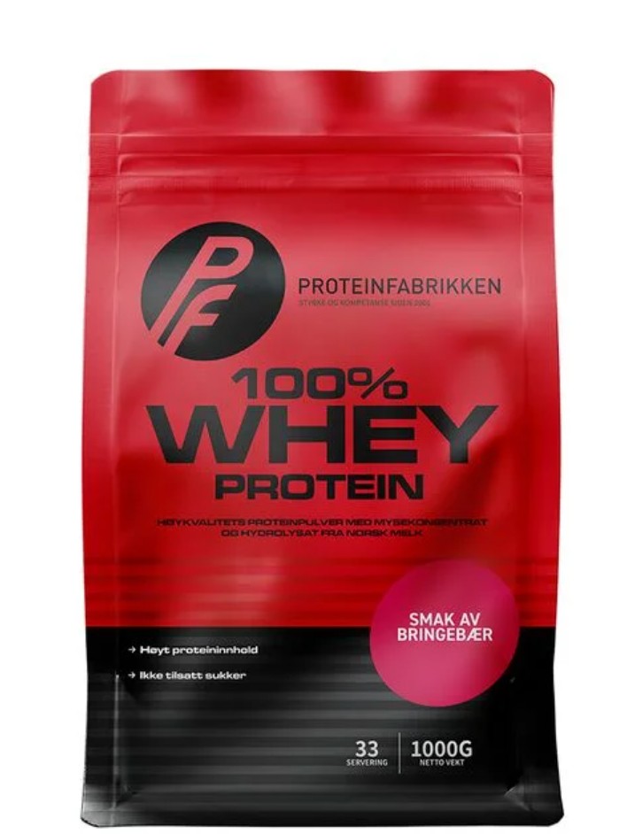 100% Whey protein från norska Proteinfabrikken med smak av hallon, ett högkvalitativt vassleprotein för muskeluppbyggnad och snabb upptagning."
