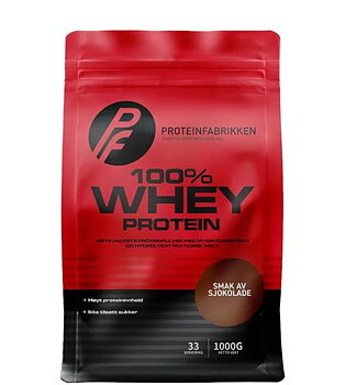 100% Whey protein från norska Proteinfabrikken med smak av choklad, ett högkvalitativt vassleprotein för muskeluppbyggnad och snabb upptagning.