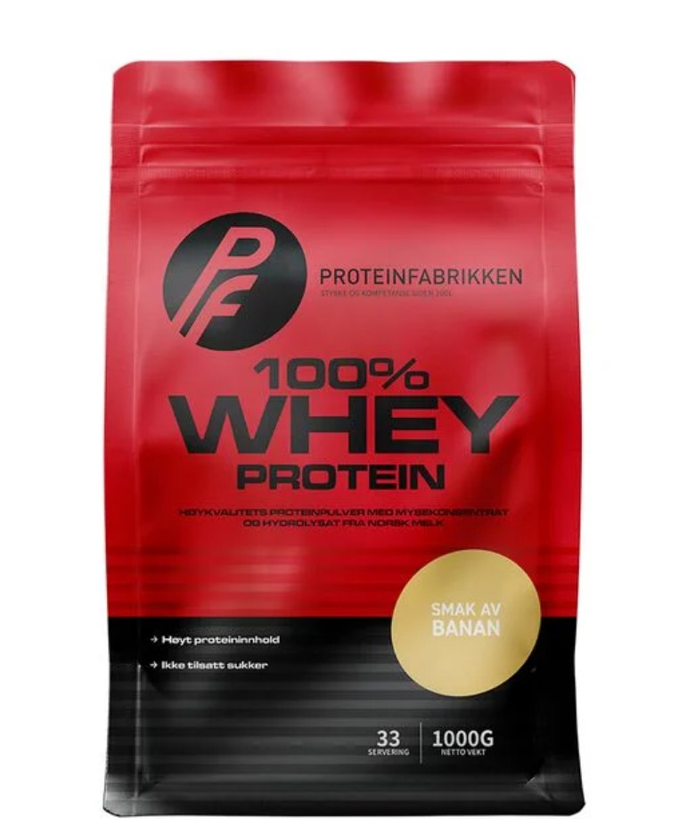 100% Whey protein från norska Proteinfabrikken med smak av banan, ett högkvalitativt vassleprotein för muskeluppbyggnad och snabb upptagning.