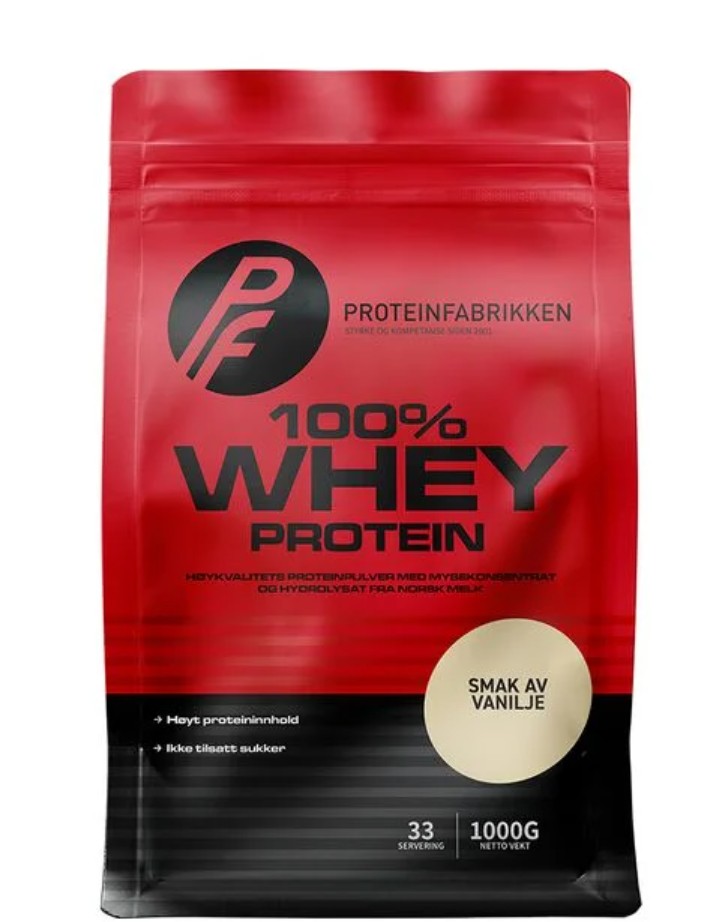 100% Whey protein från norska Proteinfabrikken med smak av vanilj, ett högkvalitativt vassleprotein för muskeluppbyggnad och snabb upptagning."
