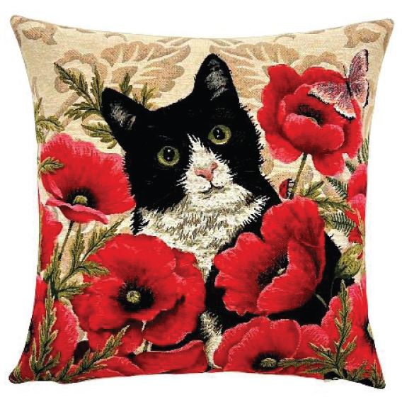 Black cat with poppies