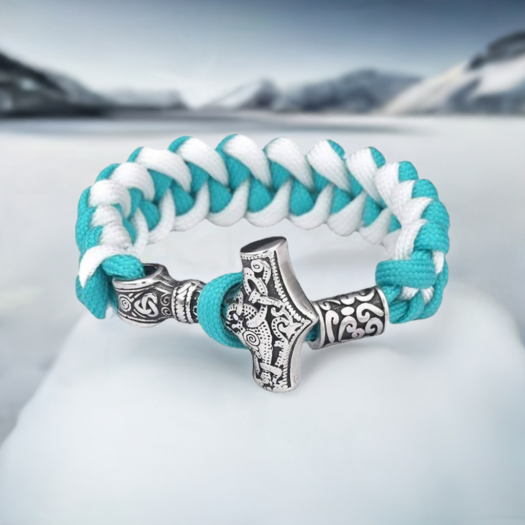 Armband Thor Viking Steel - Torshammare Flätat Tyg Rune Bead Turkos/Vit - 4