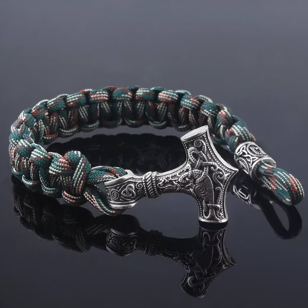 Armbånd Thor Viking Steel - Thor Hammer Flettet Rune Perle Camo/Grøn - 6