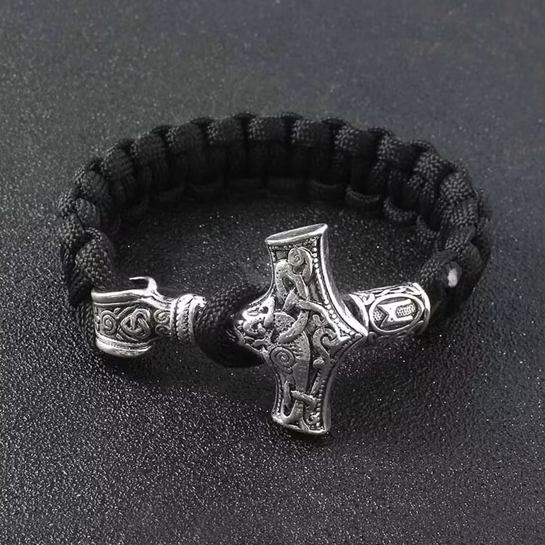 Bracelet Thor Viking Steel - Thor's Hammer Braided Rune Bead Black - 7