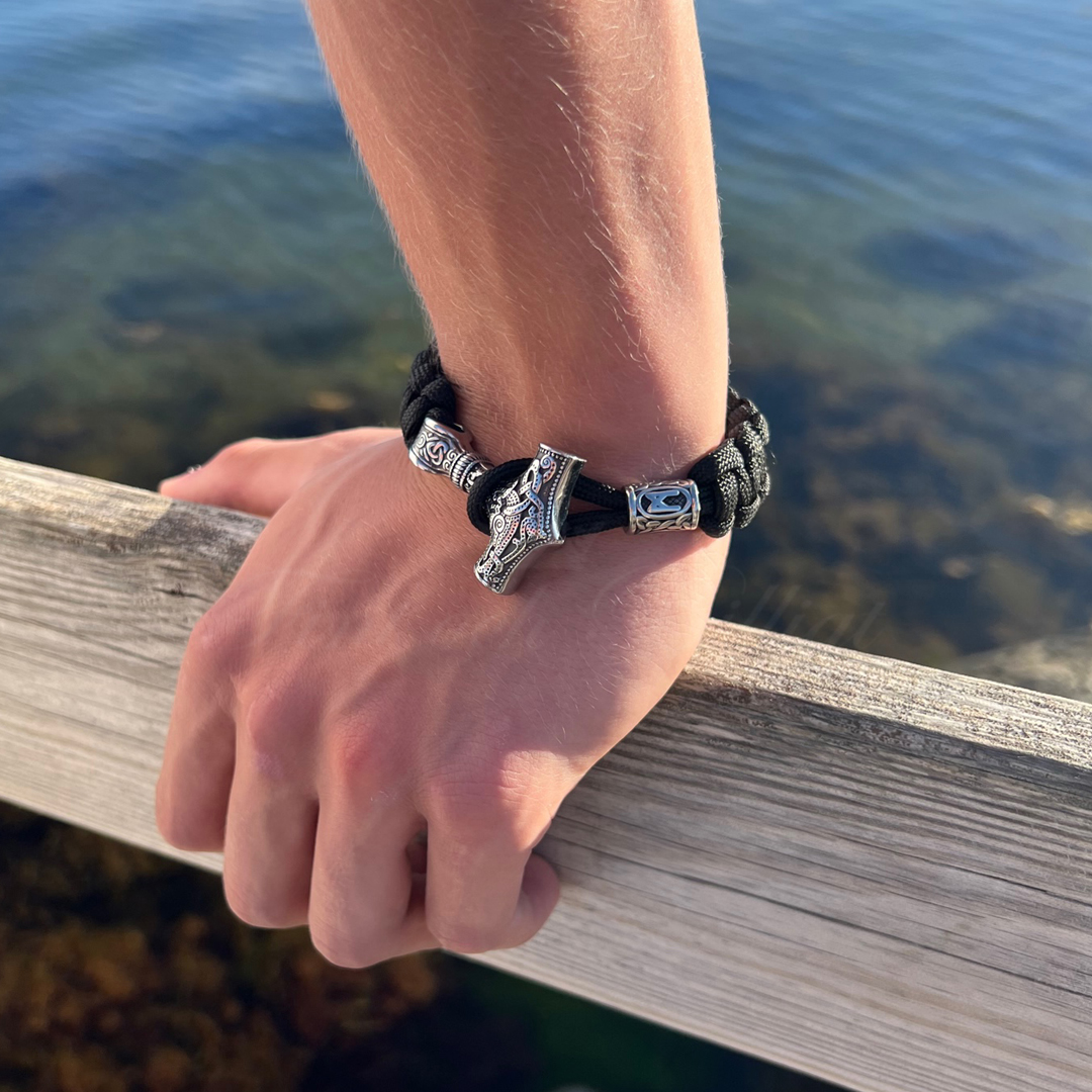 Bracelet Thor Viking Steel - Thor's Hammer Braided Rune Bead Black - 4