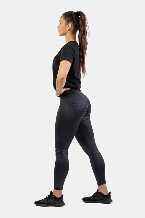 High Waist Glossy Look Bubble Butt Pants, vulcanic black