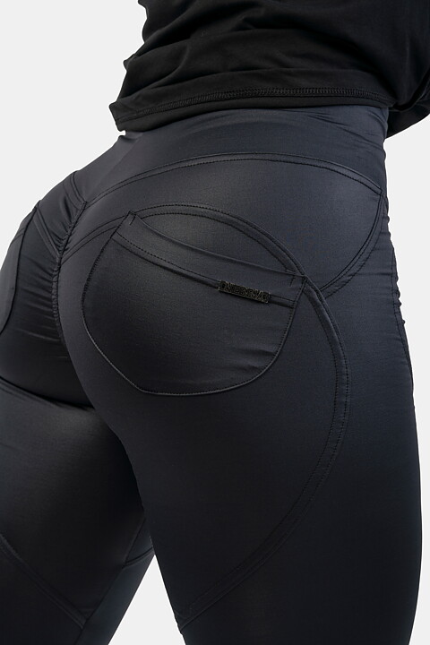 High Waist Glossy Look Bubble Butt Pants, vulcanic black