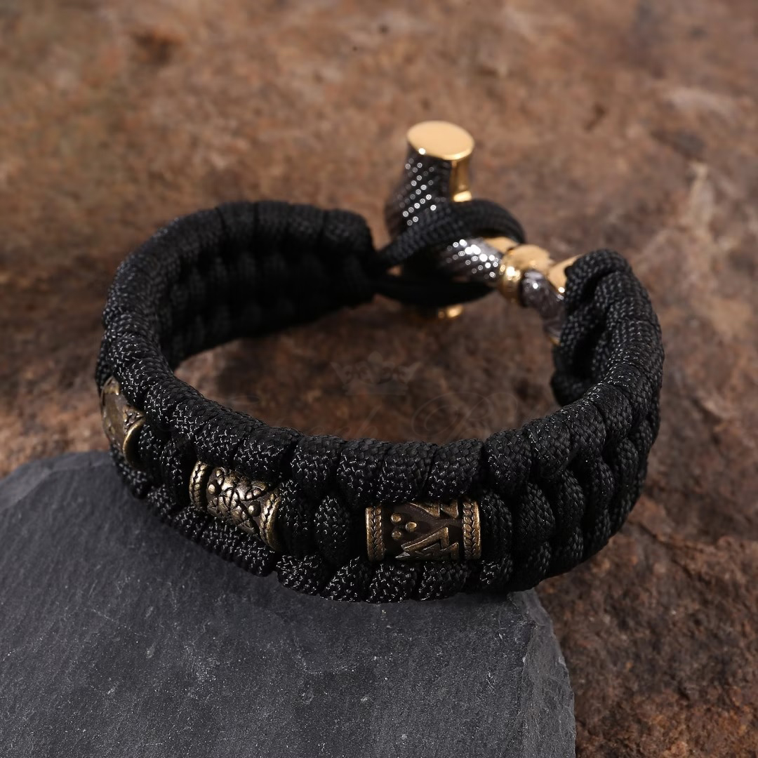 Armband Thor Viking Beads - Torshammare Flätat Tyg Rune Bead Svart - 4
